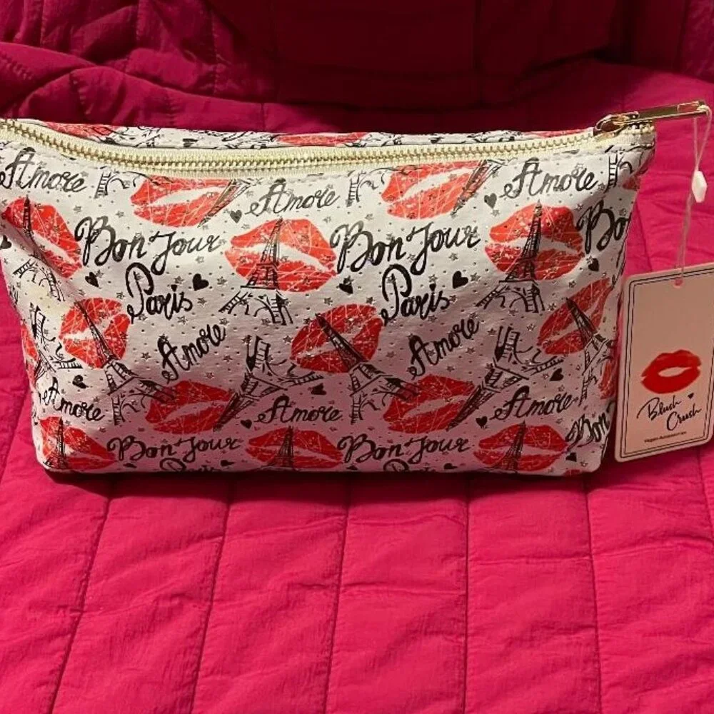 SPARKLE BON JOUR AMORE PARIS EIFFEL TOWER BLUSH CRUSH COSMETIC / MAKE - UP BAG